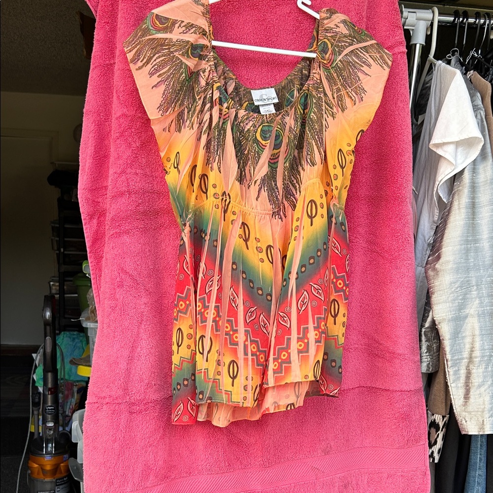 Caren Sport Coral Multi Peacock-Print Sleeveless V-Neck Top